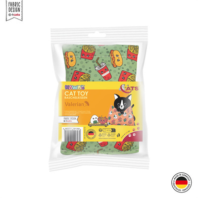 Katzenspielzeug 4cats Kawaii Kollektion Raschelkissen Gruen mit Baldrian verpackt