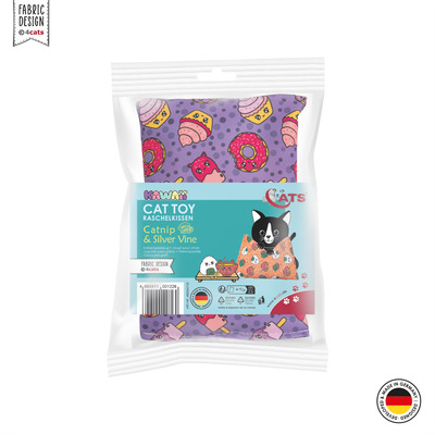 Katzenspielzeug 4cats Kawaii Kollektion Raschelkissen Lila mit Katzenminze und Siver Vine verpackt