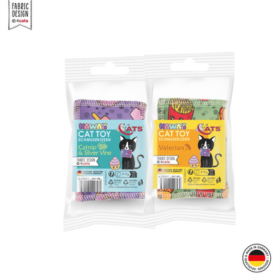 Katzenspielzeug 4cats Kawaii Kollektion Schmusekissen verpackt mit Baldrian und mit Katzenminze & Silver Vine