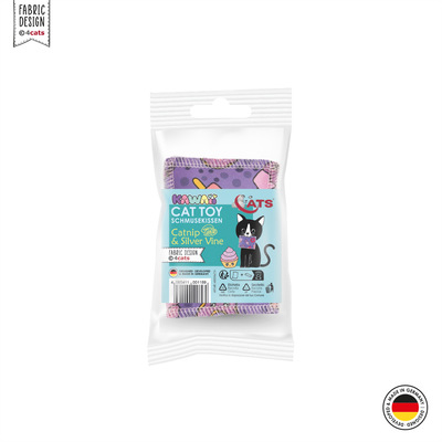 Katzenspielzeug 4cats Kawaii Kollektion Schmusekissen Lila mit Katzenminze und Siver Vine verpackt