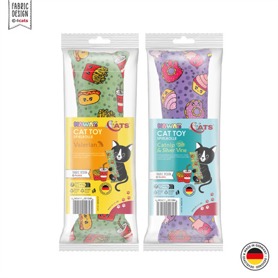 Katzenspielzeug 4cats Kawaii Kollektion Spielrolle verpackt mit Baldrian und mit Katzenminze & Silver Vine