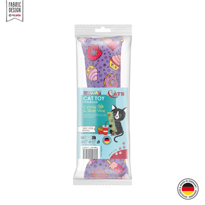 Katzenspielzeug 4cats Kawaii Kollektion Spielrolle Lila mit Katzenminze und Siver Vine verpackt