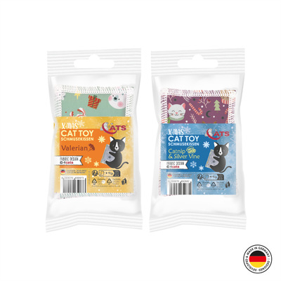Katzenspielzeug 4cats X-Mas Schmusekissen beide Sorten verpackt mit Kräutern gefüllt