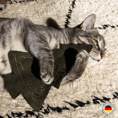 Liegende Katze hält Katzenspielzeug in Form eines Tannenbaums in beiden Vorderpfoten