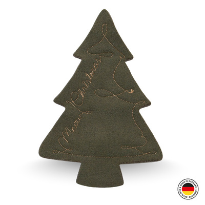Katzenspielzeug in Form eines Tannenbaums, aus dunkelgrünem Stoff mit aufgenähtem Schriftzug Merry Christmas, Vorderansicht