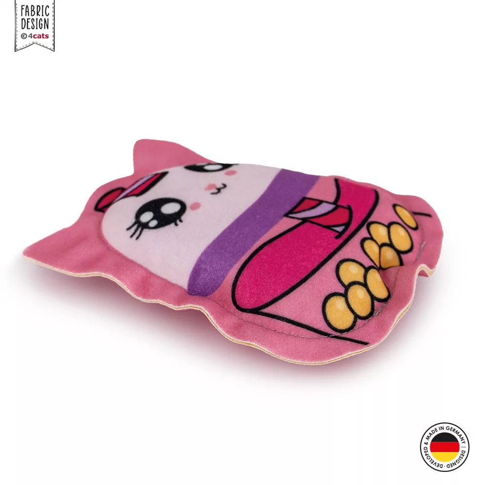 Spielfigur für Katzen aus Stoff, Design Bubble Tea Cat, Grundfarbe rosa, mit Gesicht, liegend