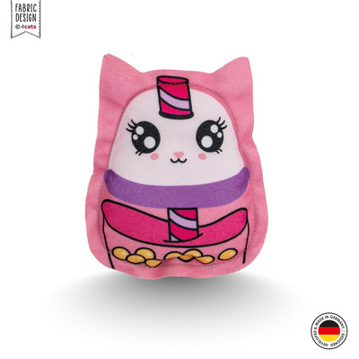 Spielfigur für Katzen aus Stoff, Design Bubble Tea Cat, Grundfarbe rosa, mit Gesicht, Vorderansicht