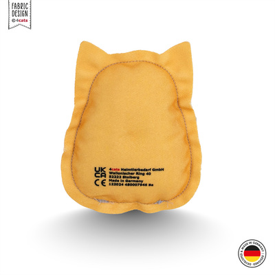 Spielfigur für Katzen aus Stoff aus der Kawaii Food-Kollektion, Design Burger Cat, Grundfarbe gelb, mit Gesicht, Rückansicht