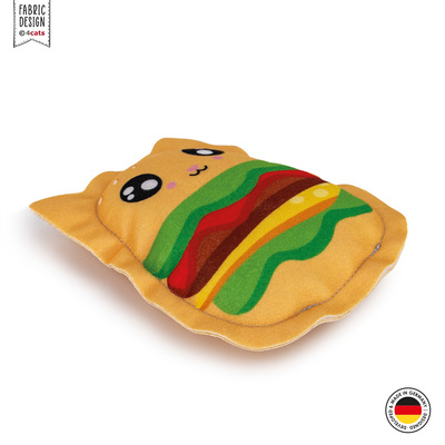Spielfigur für Katzen aus Stoff aus der Kawaii Food-Kollektion, Design Burger Cat, Grundfarbe gelb, mit Gesicht, liegend