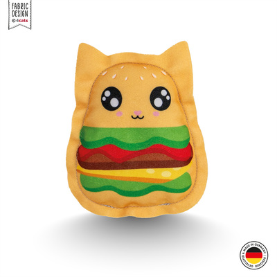 Spielfigur für Katzen aus Stoff aus der Kawaii Food-Kollektion, Design Burger Cat, Grundfarbe gelb, mit Gesicht, Vorderansicht