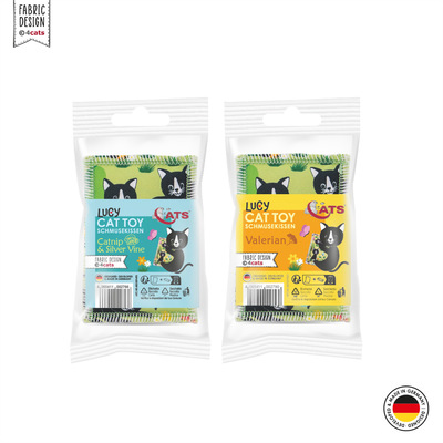 Katzenspielzeug 4cats Lucy Kollektion Schmusekissen beide Sorten in Klarsichthülle verpackt
