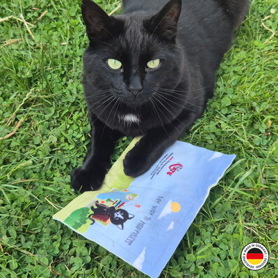 4cats Katzenspielzeug Lucy Kollektion Happiness schwarze Katze auf Wiese