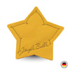 Katzenspielzeug in Form eines Sterns, aus gelbem Stoff mit aufgenähtem Schriftzug Jingle Bells, Vorderansicht