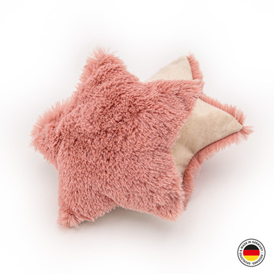 Zwei aufeinanderliegende Plüschsterne, Katzenspielzeug, Farbe rosa, einer von oben und einer von unten sichtbar
