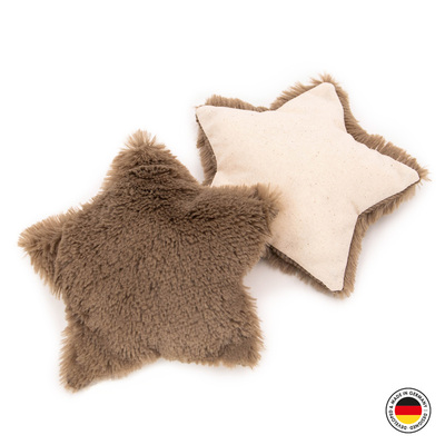 Zwei aufeinanderliegende Plüschsterne, Katzenspielzeug, Farbe braun, einer von oben und einer von unten sichtbar