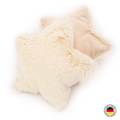 Zwei aufeinanderliegende Plüschsterne, Katzenspielzeug, Farbe creme, einer von oben und einer von unten sichtbar