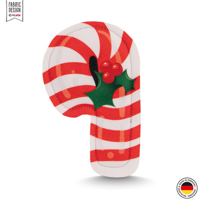 Zuckerstange aus Stoff als Katzenspielzeug, Muster rot-weiß gestreift mit Stechpalmenzweig, Vorderansicht