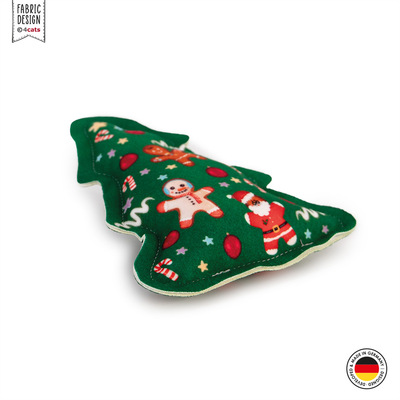 Tannenbaum als Katzenspielzeug, aus grünem Stoff mit Weihnachtsmotiven, seitlich-schräge Ansicht