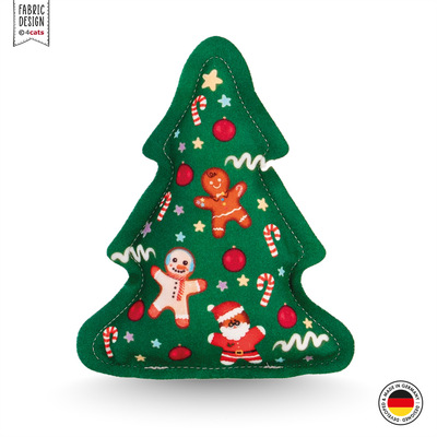 Tannenbaum als Katzenspielzeug, aus grünem Stoff mit Weihnachtsmotiven, Vorderansicht