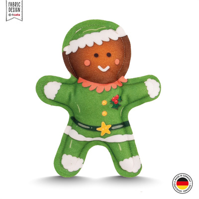 Weihnachtself als Katzenspielzeug, aus Stoff in der Hauptfarbe grün, Gesicht braun, Vorderansicht