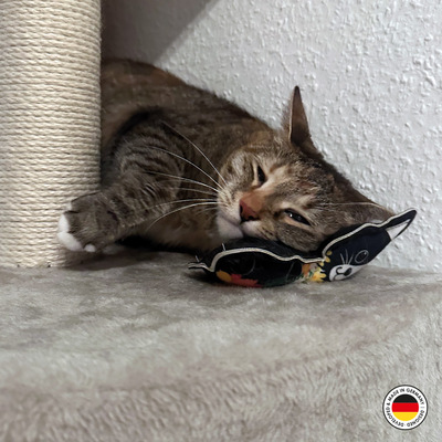 Getigerte Katze liegt auf dem Kratzbaum und reibt ihr Gesicht an Katzenspielzeug in Form der Lucy-Katze