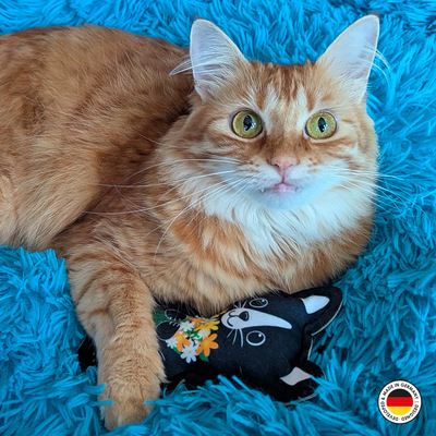 Liegende Katze hält Katzenspielzeug in Form der Lucy-Katze mit der Pfote fest