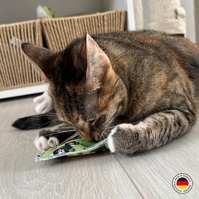 Liegende Katze hält Katzen-Schmusekissen aus der Lucy-Kollektion in den Pfoten und riecht daran