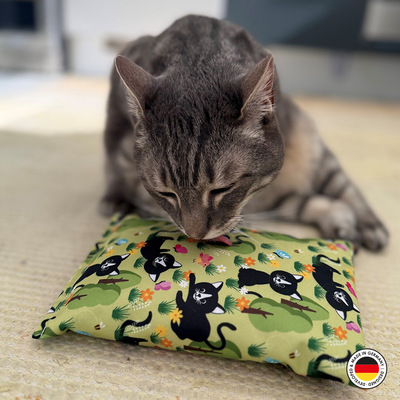 Katze leckt an Raschelkissen aus der Lucy-Kollektion
