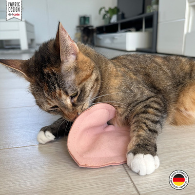 Katze schnuppert an Katzenspielzeug aus rosa Stoff in Herzform